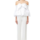 Broderie Cotton Bow Embellished Off Shoulder Top