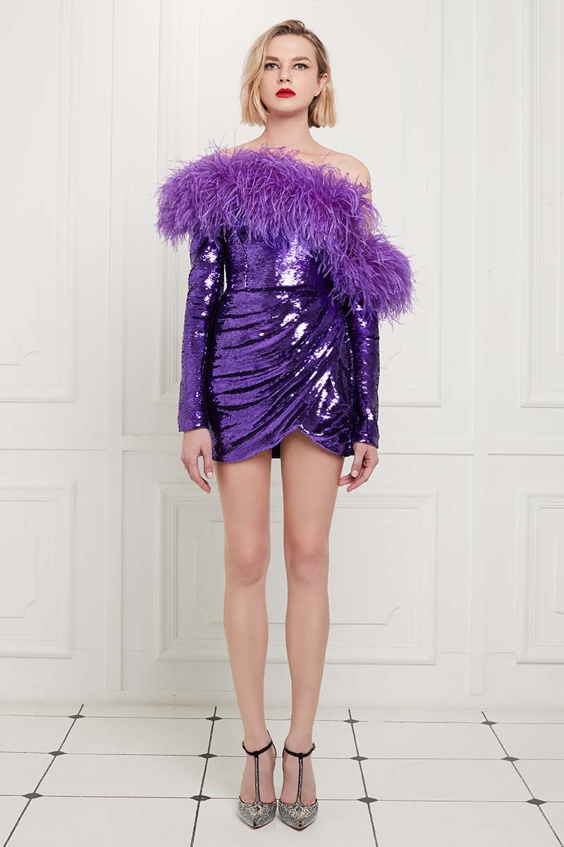Ostrich Feather and Sequin Embellished Asymmetrical Mini Dress in Purple