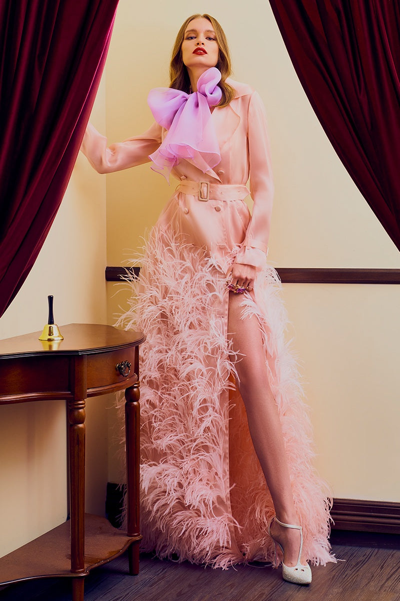 Ostrich Feathers Embellished Silk Gazar Maxi Trench Dress in Pink